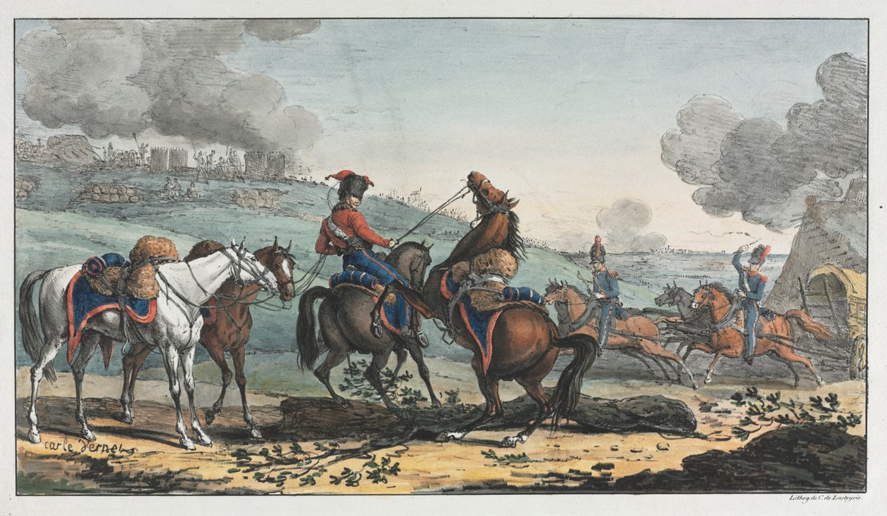 Artillero montado conduciendo tres caballos de Unknown artist