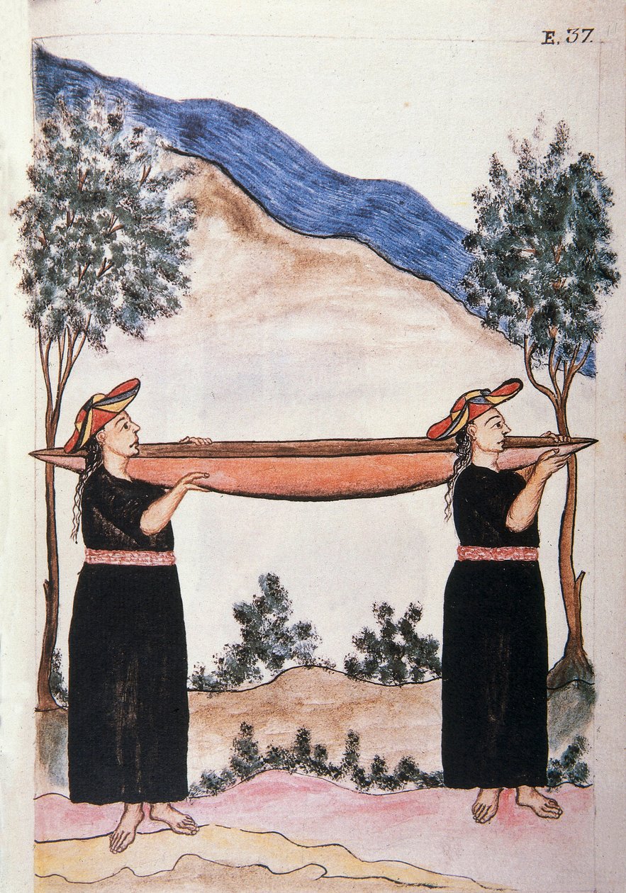 Indios de Moyobamba llevando su canoa, del libro "Trujillo del Perú" o "Códice Martínez Compañón", por Baltazar Martínez Compañón y Bujanda, obispo de Trujillo (1782-1785) de Unknown artist