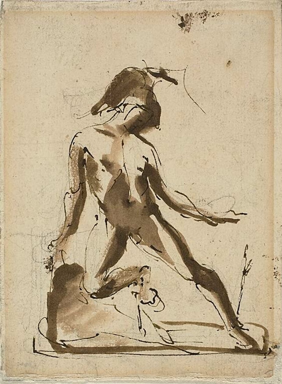 Figura mitológica: Aquiles con piel de león (anverso); Bocetos de figuras (reverso) de Unknown artist