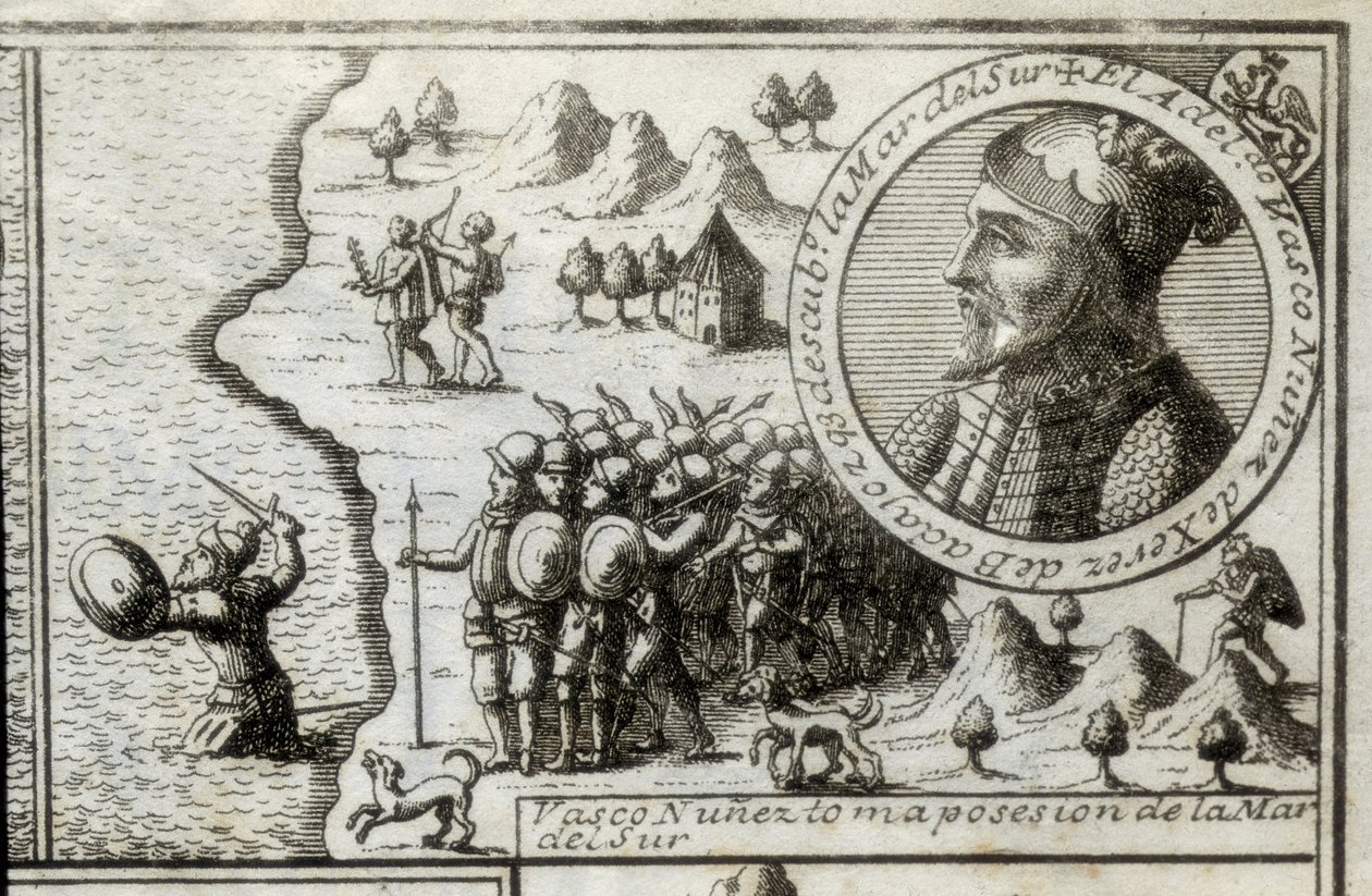 NUNEZ DE BALBOA, Vasco (1475-1517). Descubridor y conquistador inglés. España. Colonización española (1513). Vasco Núñez tomando posesión del Mar del Sur. Imagen de 1728. Grabado. de Unknown artist
