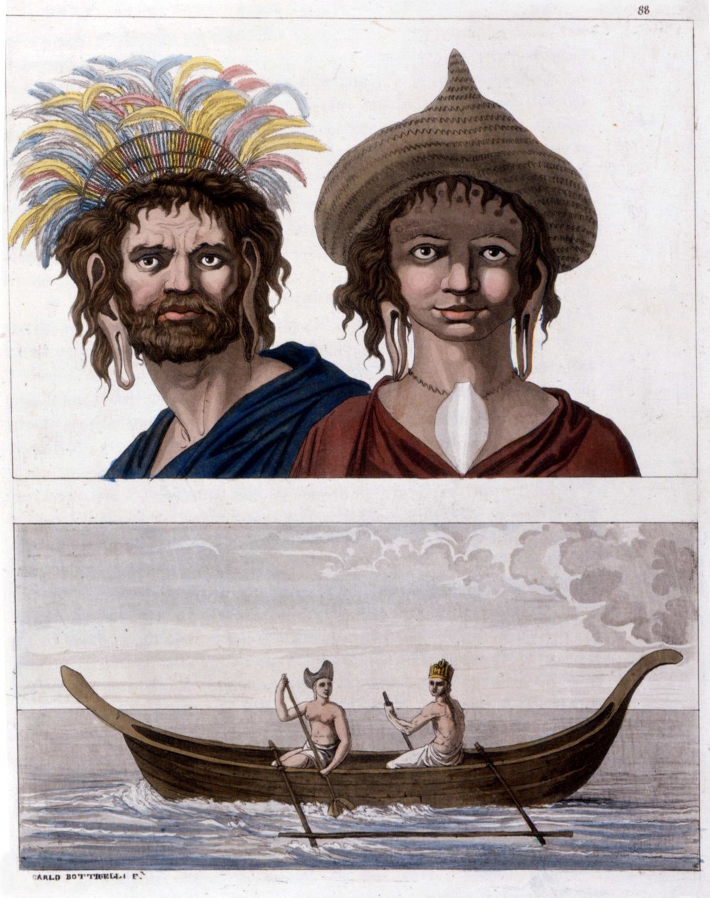 Nativo de la Isla de Pascua (Rapa Nui) en Polinesia, miembros del clan de las Orejas Largas. Abajo, uno de sus barcos. - en “El Traje Antiguo y Moderno” de Jules Ferrario de Unknown artist