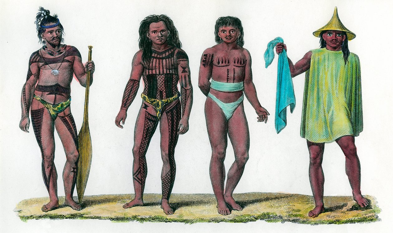 Islas naturales de Iros Penelap y Aouara, población del continente oceánico. Grabado del siglo XVIII de Unknown artist