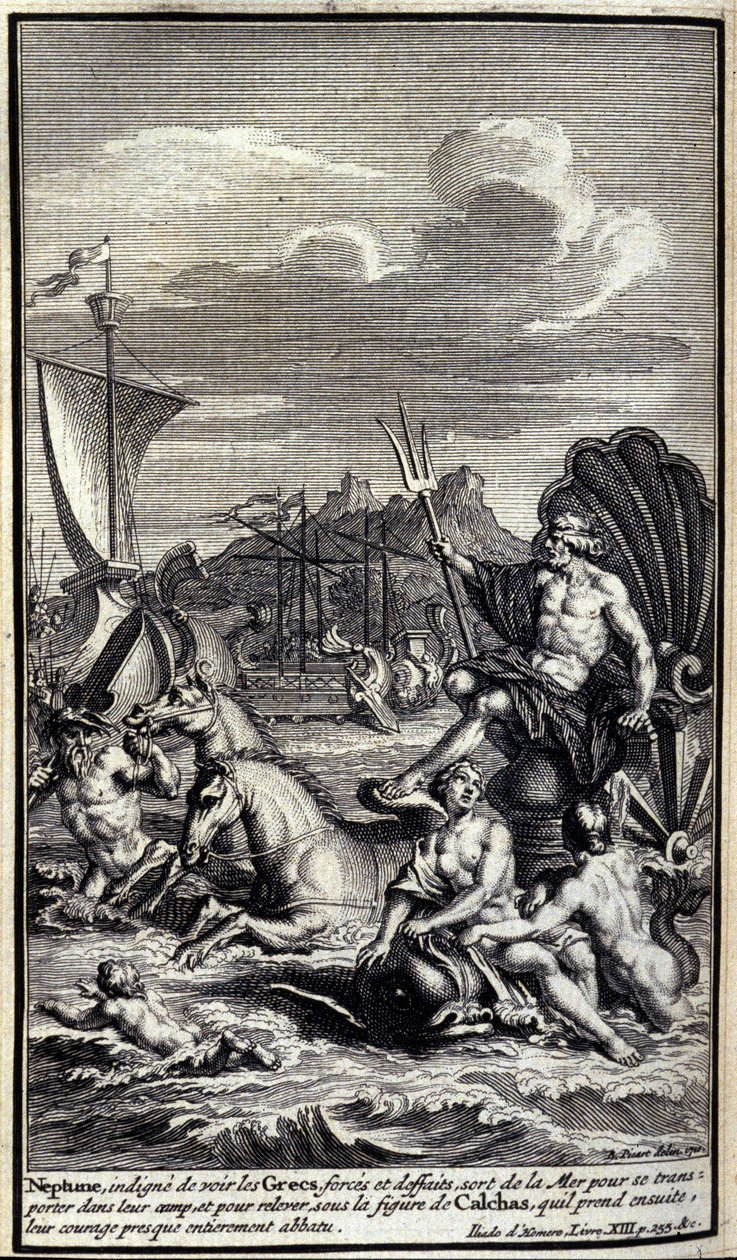 Neptuno, indignado al ver las fuerzas y hazañas de los griegos, deja el mar para transportarse a su campamento y levantar bajo la figura de Calcas, que luego toma, su coraje casi completamente destruido. Ilustración del libro XIII de la Ilíada de Homero, e de Unknown artist