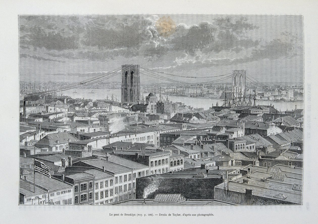 Nueva York y el Puente de Brooklyn en construcción - en "La Vuelta al Mundo", 2º Sem. 1881 de Unknown artist