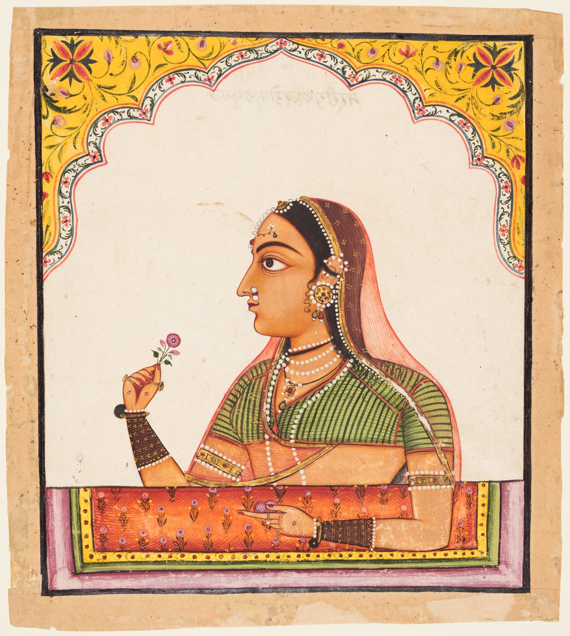 Mujer noble en una ventana de Jharokha sosteniendo una rosa, de una serie de Retratos de mujeres de Unknown artist
