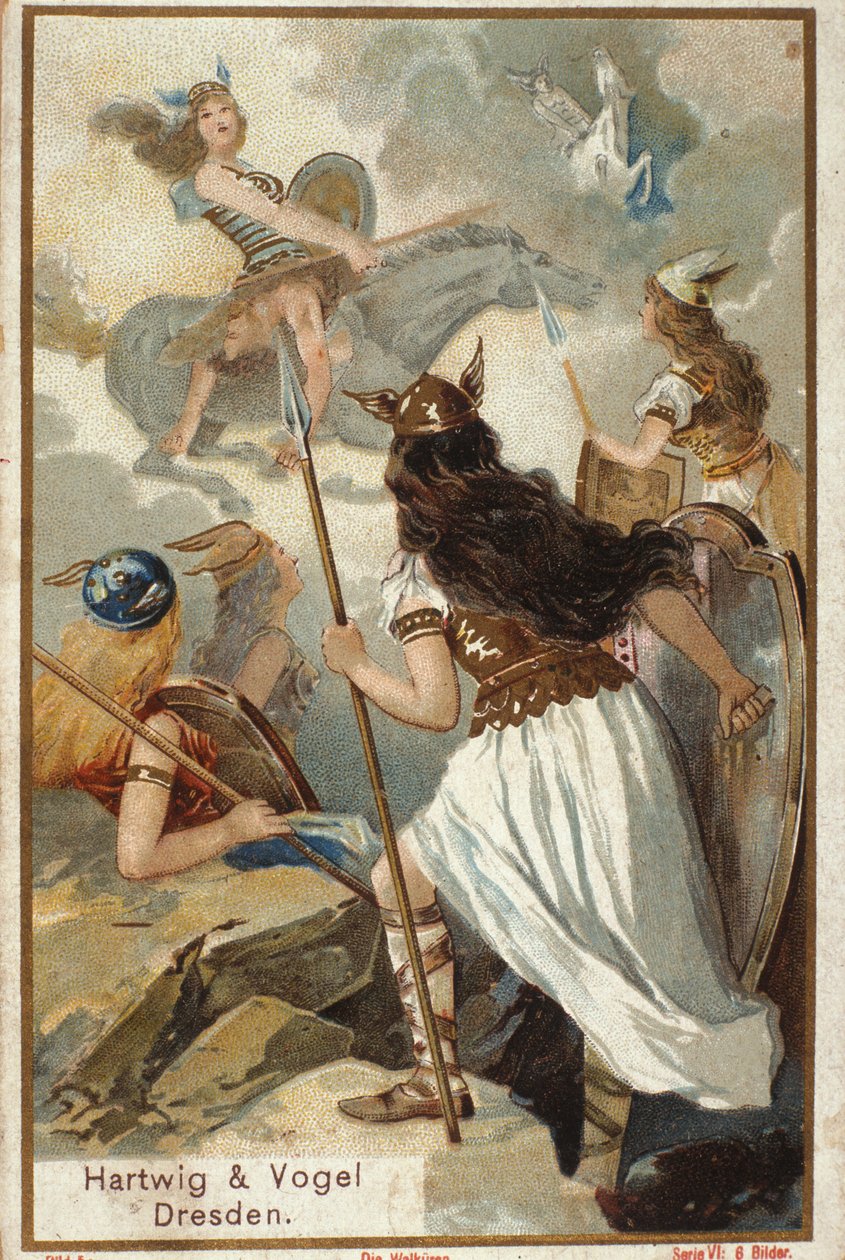 Mitología nórdica: Las Valquirias (vírgenes guerreras) en Valhalla y la caída de los guerreros en batalla. Cromolitografía del siglo XIX. de Unknown artist