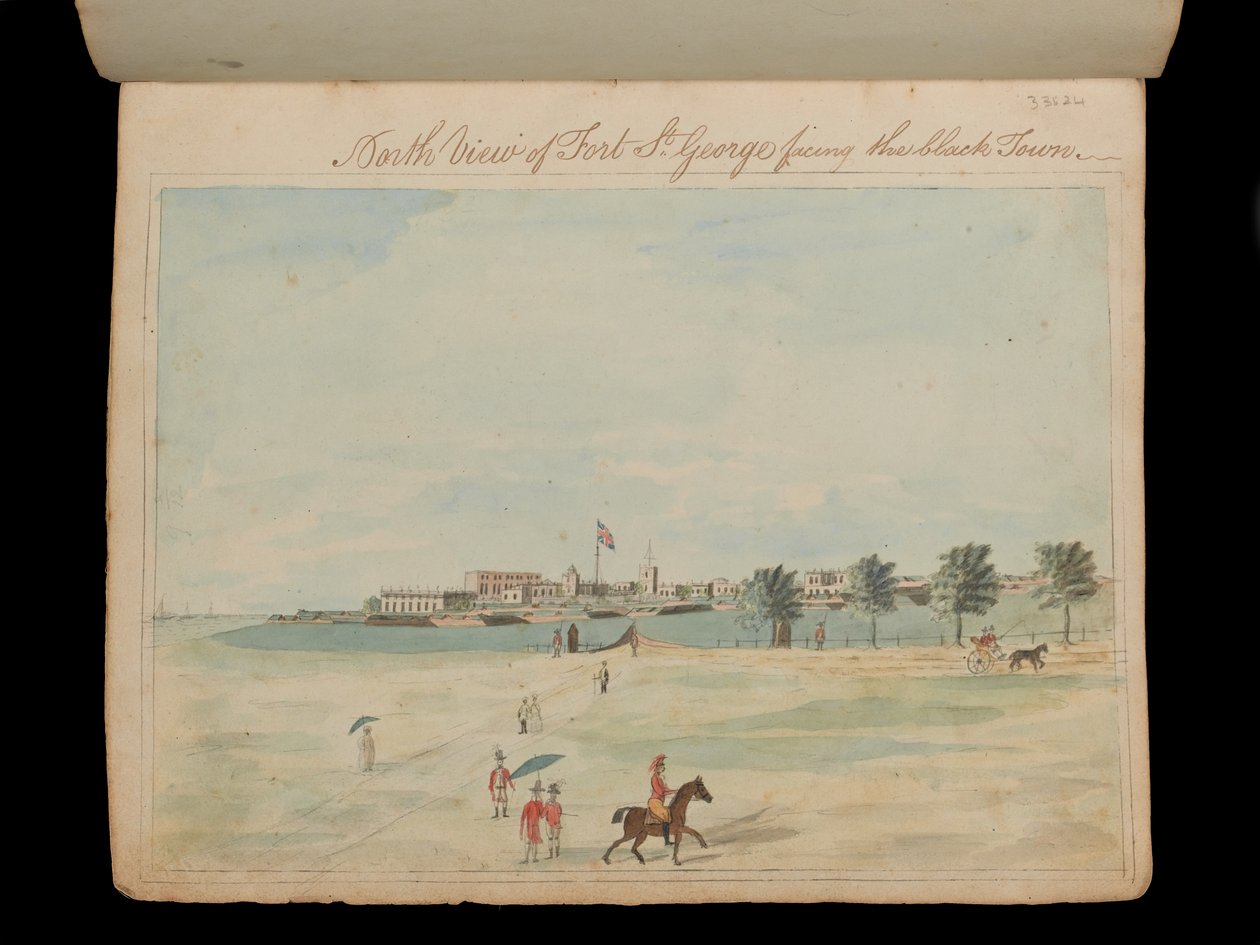 Vista norte del Fuerte St George frente a la ciudad negra, c.1800 (acuarela) de Unknown artist