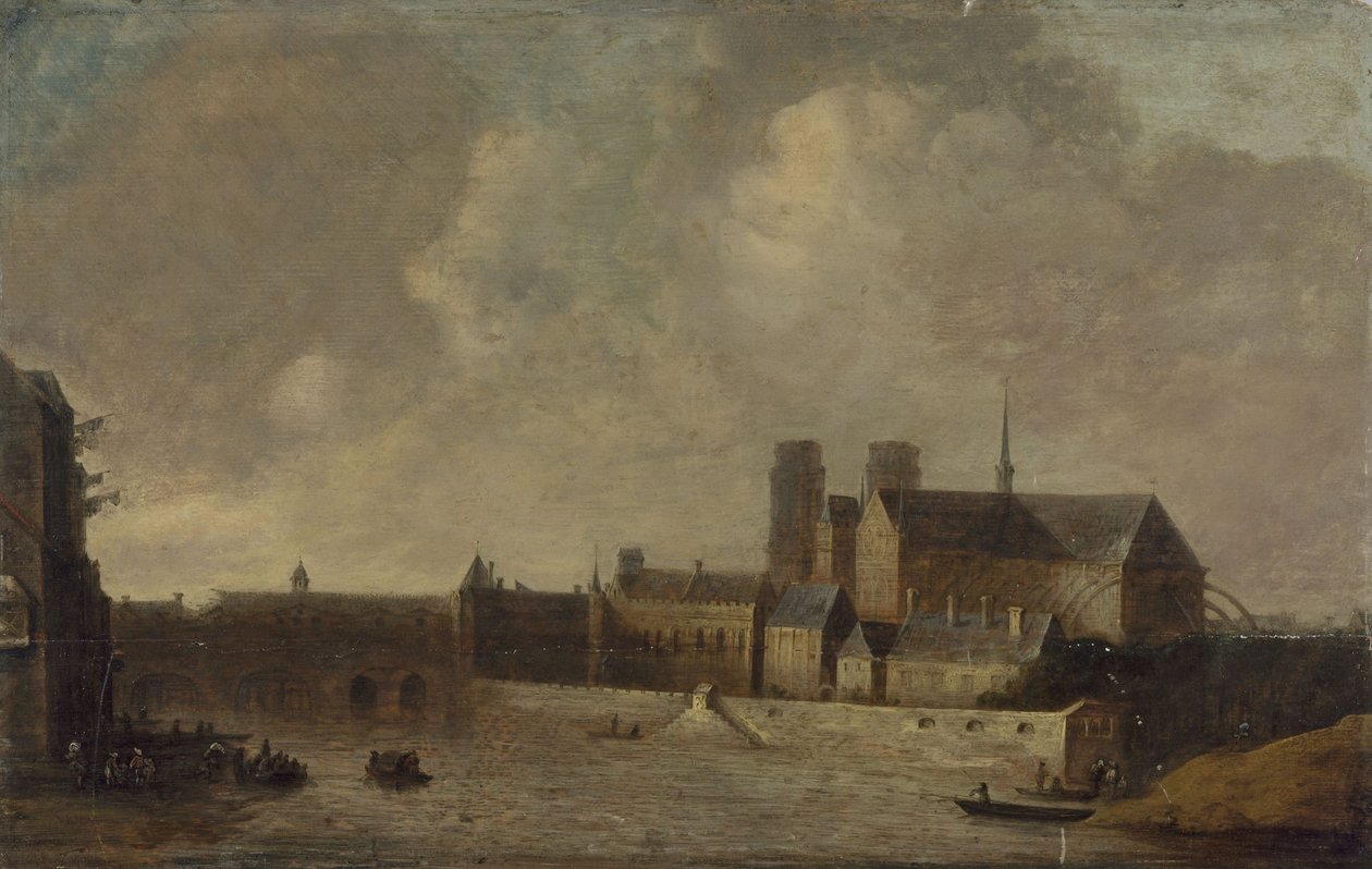 Notre-Dame y el Palacio Arzobispal, vistos desde el Quai de la Tournelle, hacia 1640, actual distrito IV, entre 1635 y 1645 (óleo sobre madera) de Unknown artist