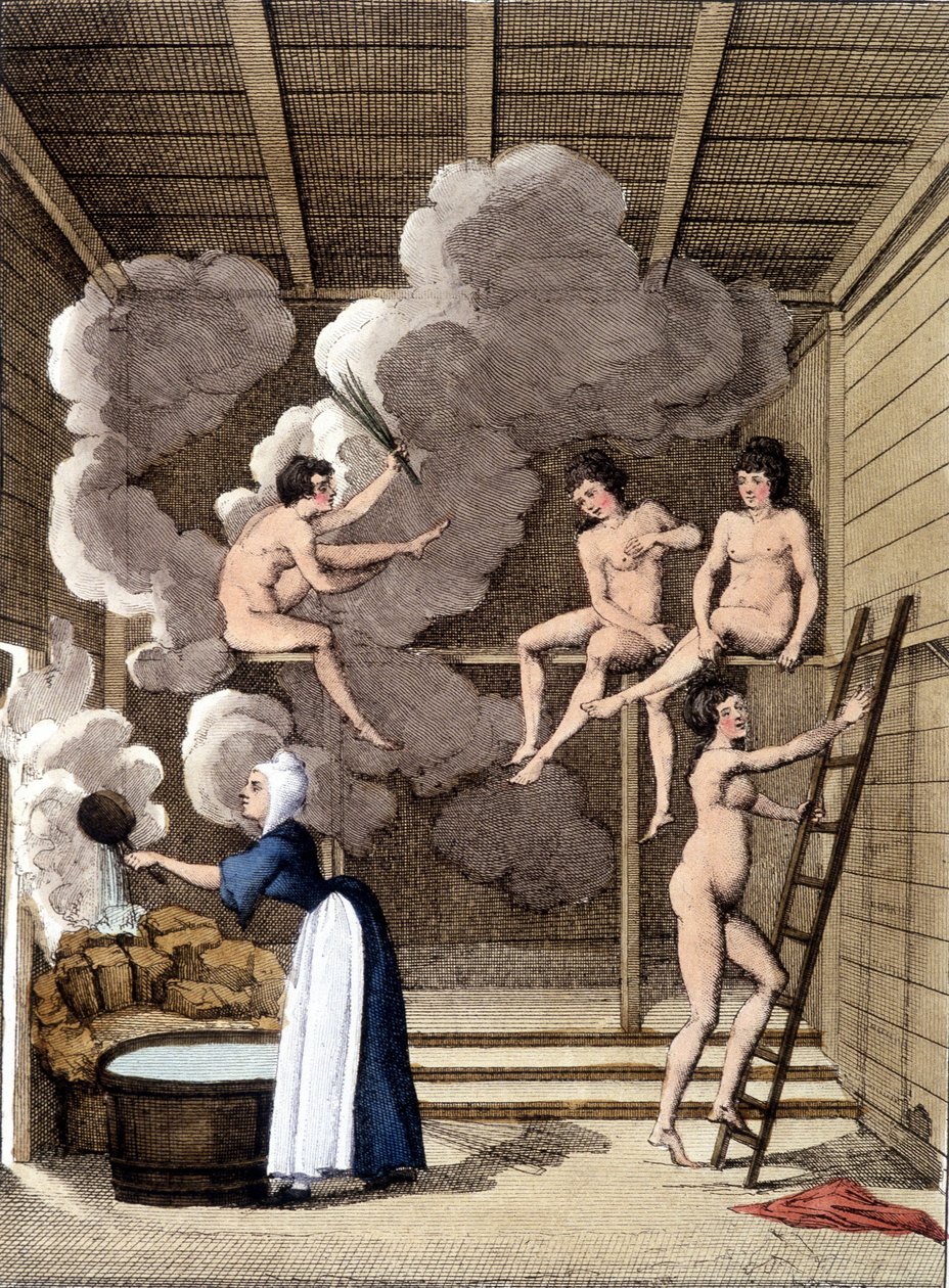 Personajes desnudos en una sauna finlandesa. Grabado de 1811 incluye un libro sobre el viaje de Unknown artist