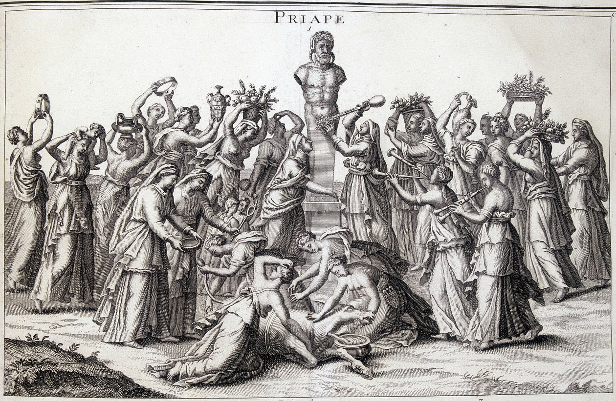 Ofrecimientos hechos por mujeres al dios Priapo (Priapos), el dios asiático de la fecundidad, que llegó a Grecia. Lugar de culto de Lampsaque. de Unknown artist
