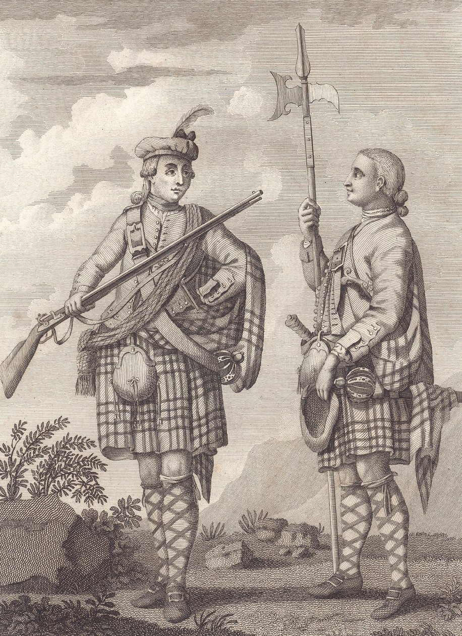 Oficial (izquierda) y sargento de los 42º Highlanders—los Black Watch—c.1750 (grabado) de Unknown artist