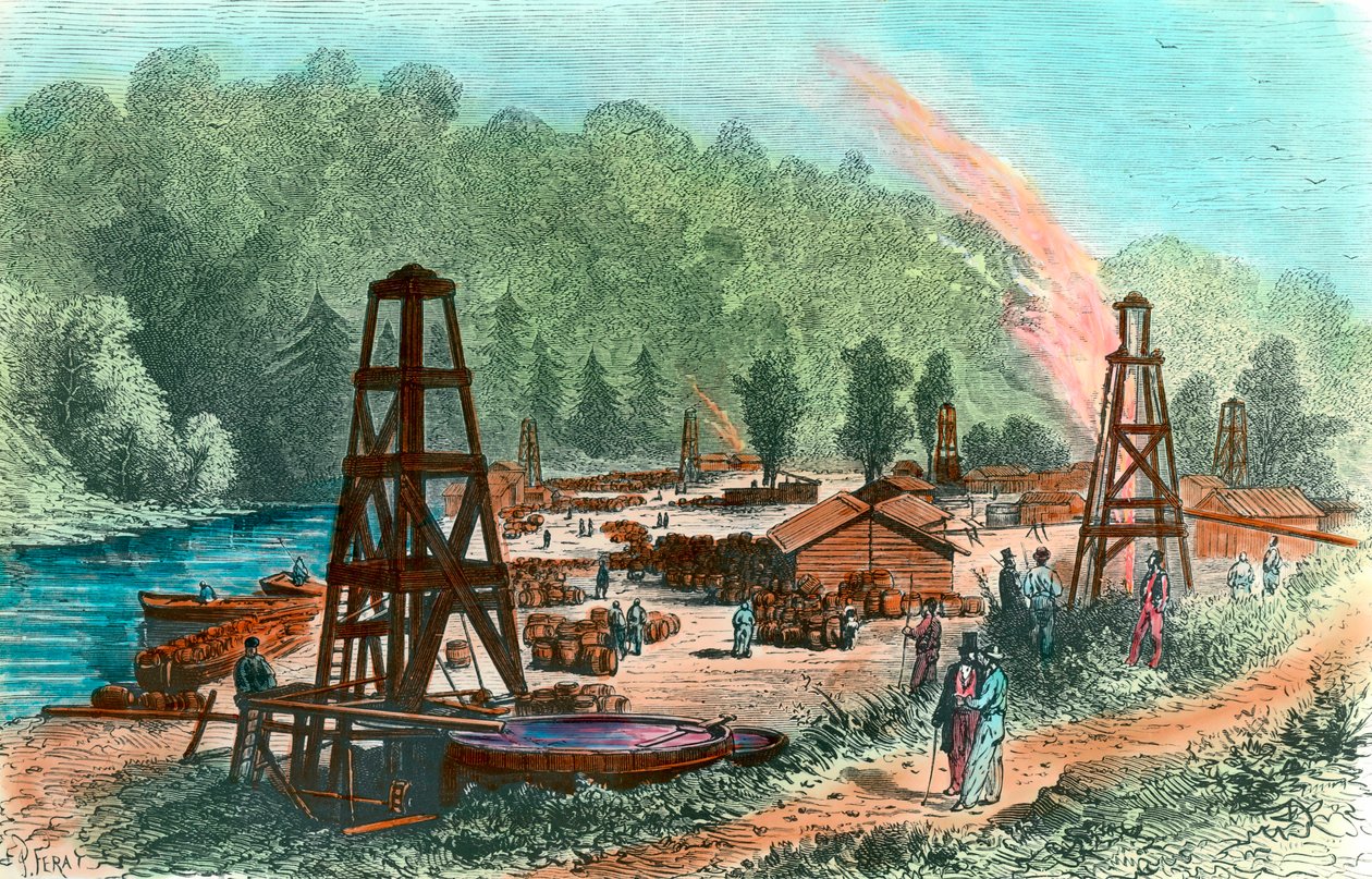 Pozos de petróleo en Tarr Farm en Pensilvania, EE.UU. Grabado del siglo XIX. Colección privada de Unknown artist