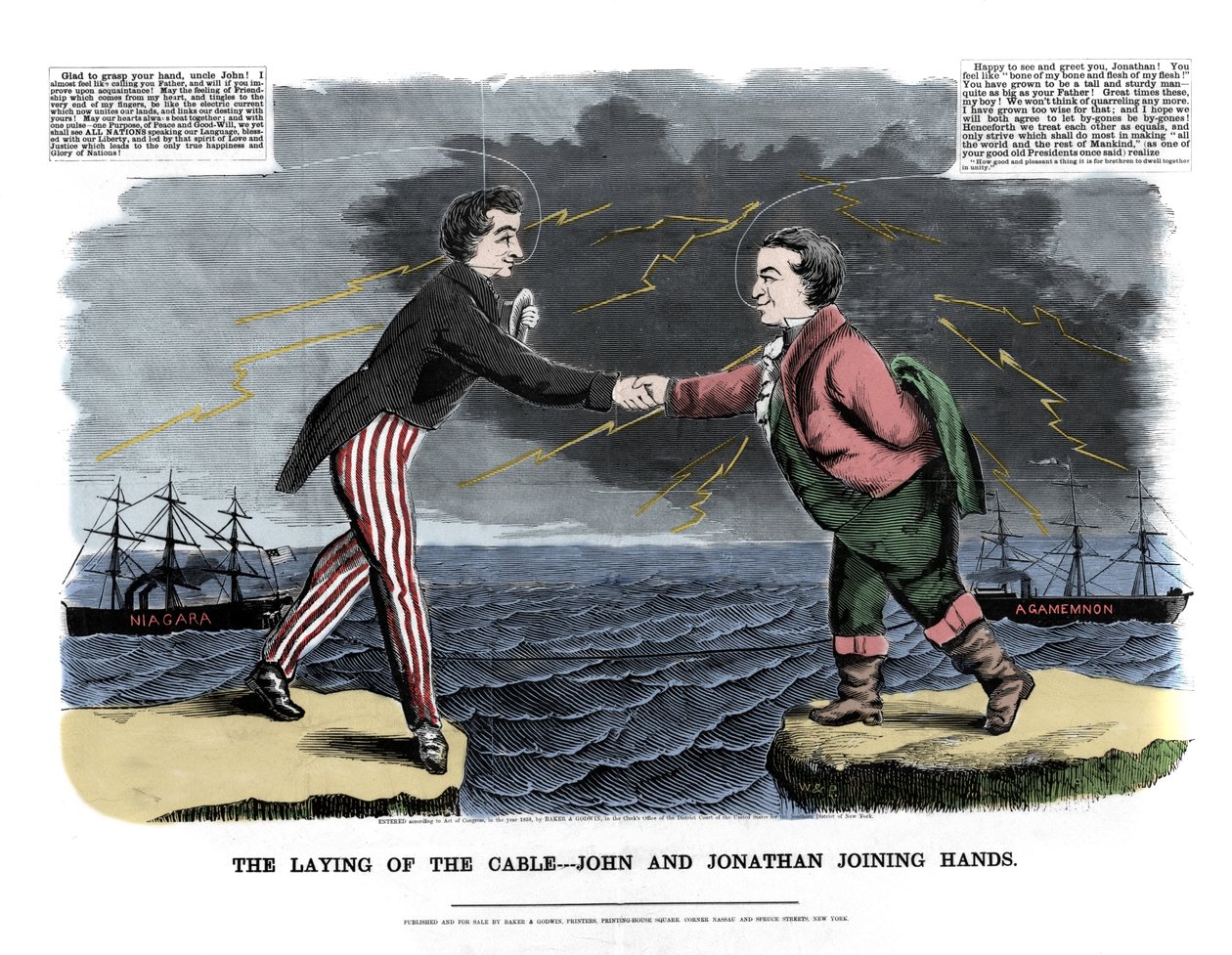 El 17/08/1858 se intercambió el primer mensaje transatlántico: dos figuras alegóricas representando a John (Inglaterra) y Jonathan (Estados Unidos) se felicitaron por el éxito del cable submarino entre Europa y el Nuevo Mundo. de Unknown artist