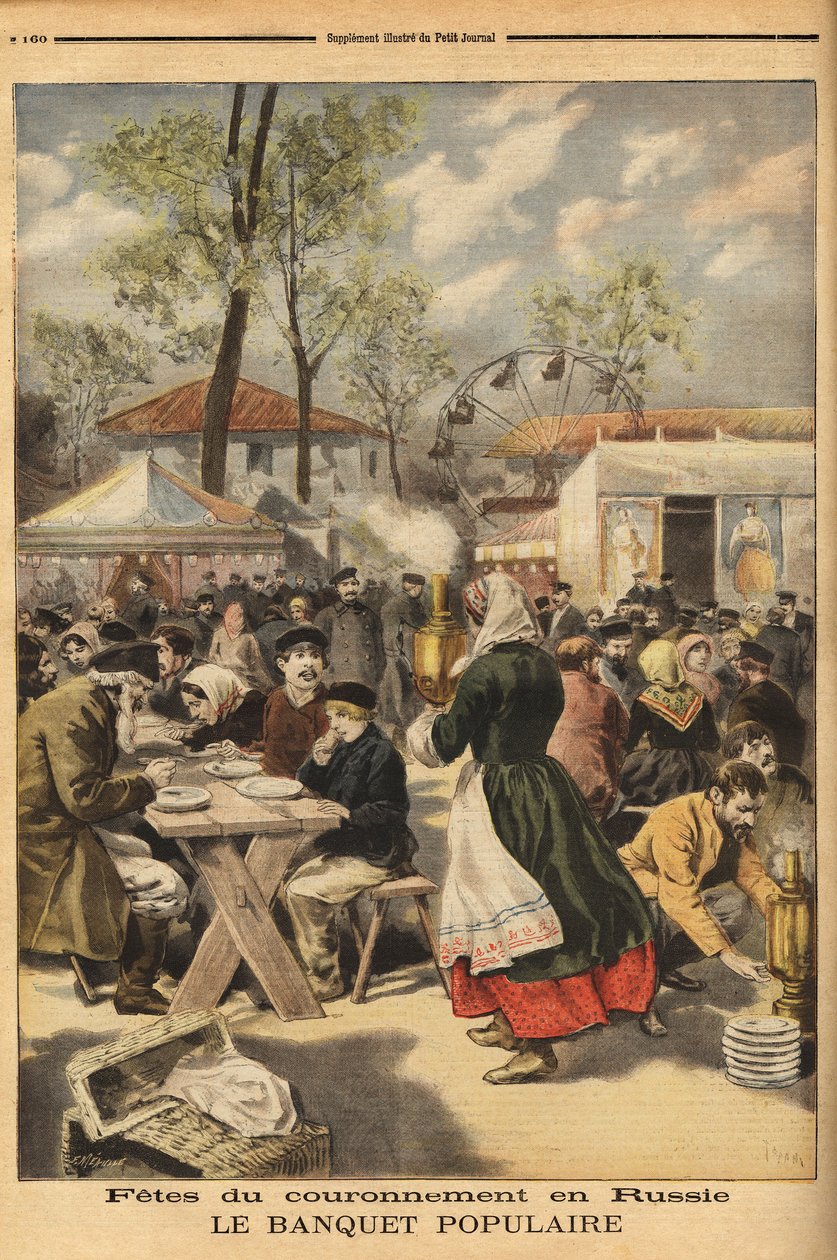 Con motivo de la coronación del Zar Nicolás II, se ofrece un banquete popular a 500,000 rusos en el campo de maniobras de Khodinskoie en Moscú, precedido por representaciones teatrales. Grabado en "Le petit journal" 17/05/1896. Colección Selva de Unknown artist