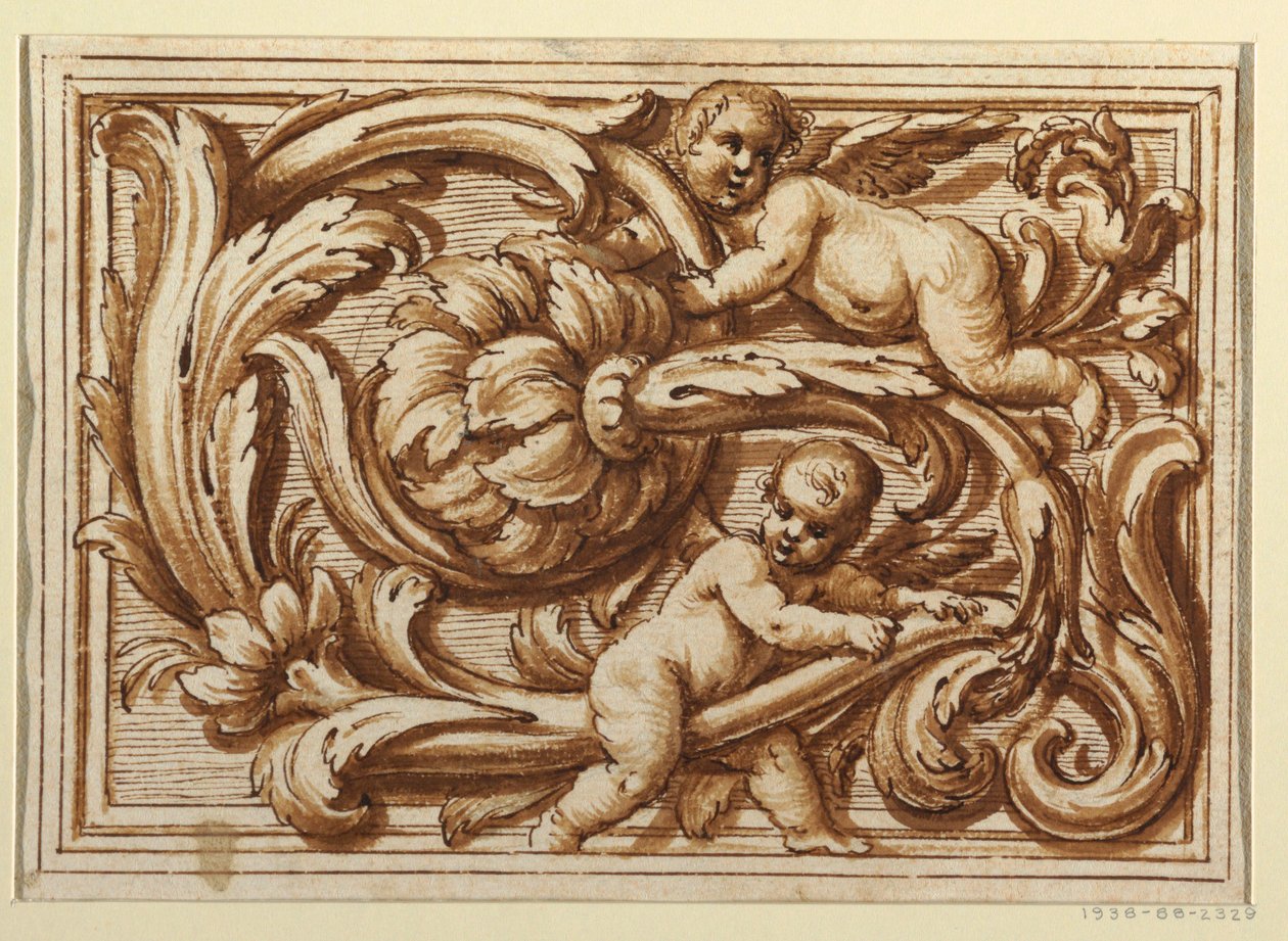 Uno de un conjunto de diseños para una portada y decoración de un panel horizontal de Unknown artist