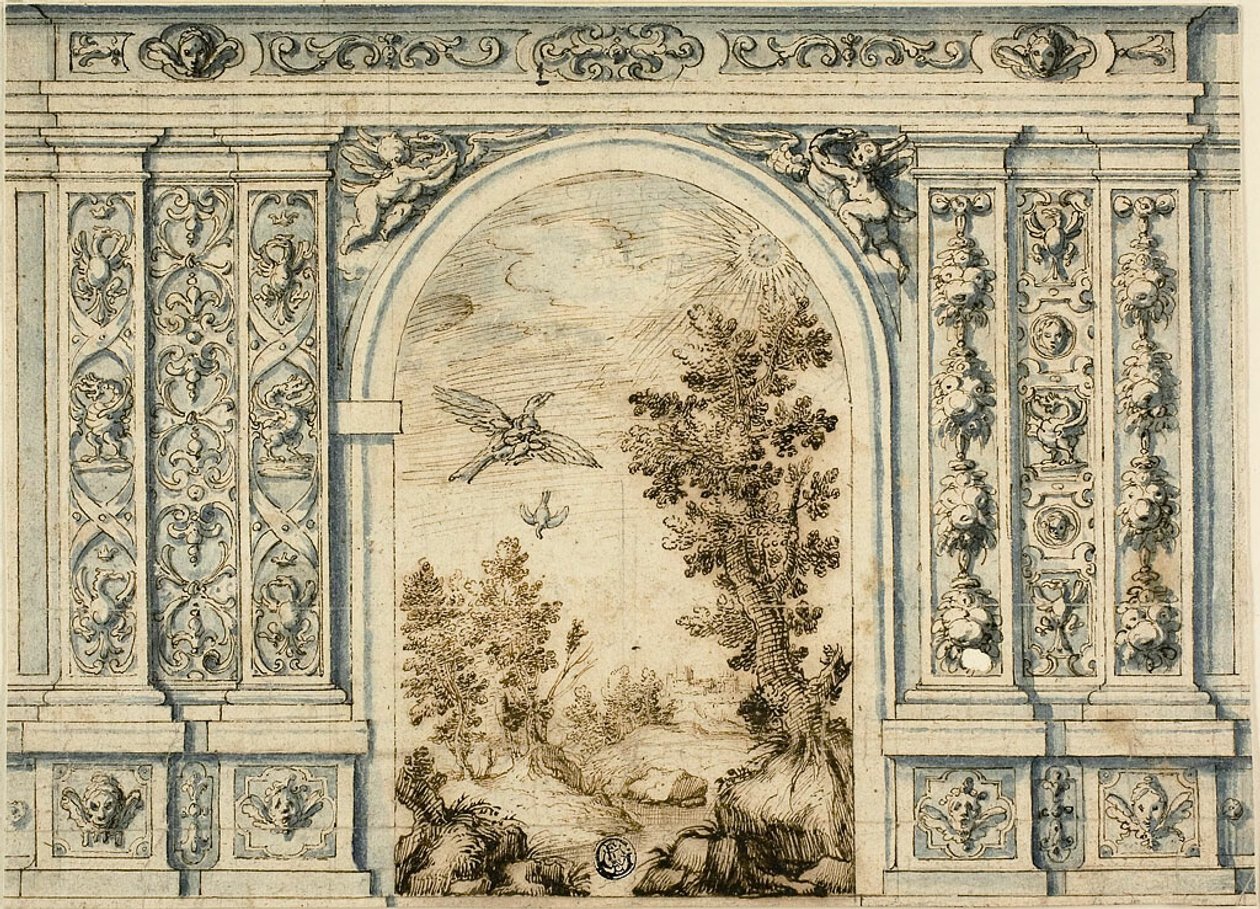 Muro ornamental con paisaje de Unknown artist