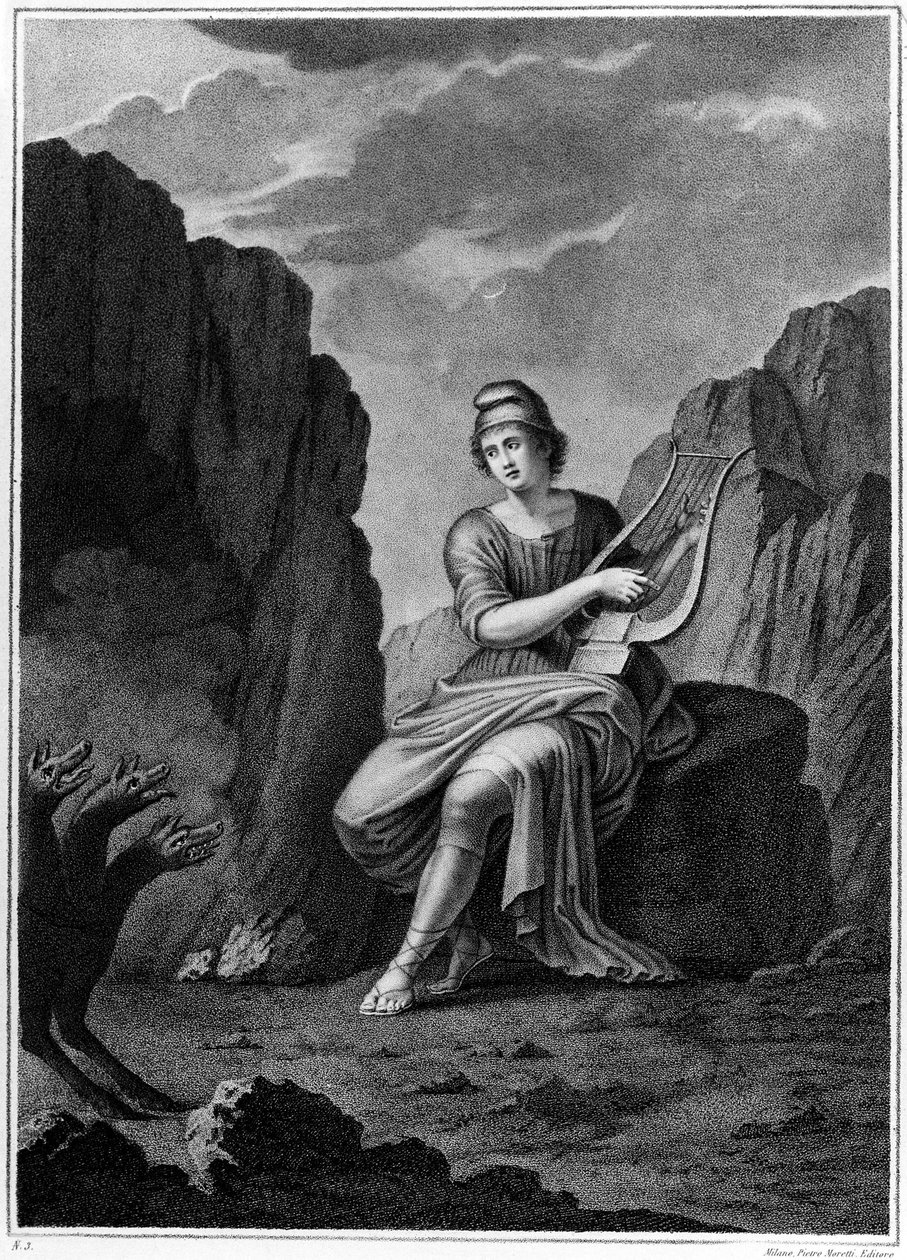 Orfeo en la Entrada del Inframundo se encuentra con Cerbero. Litografía. Siglo XIX de Unknown artist