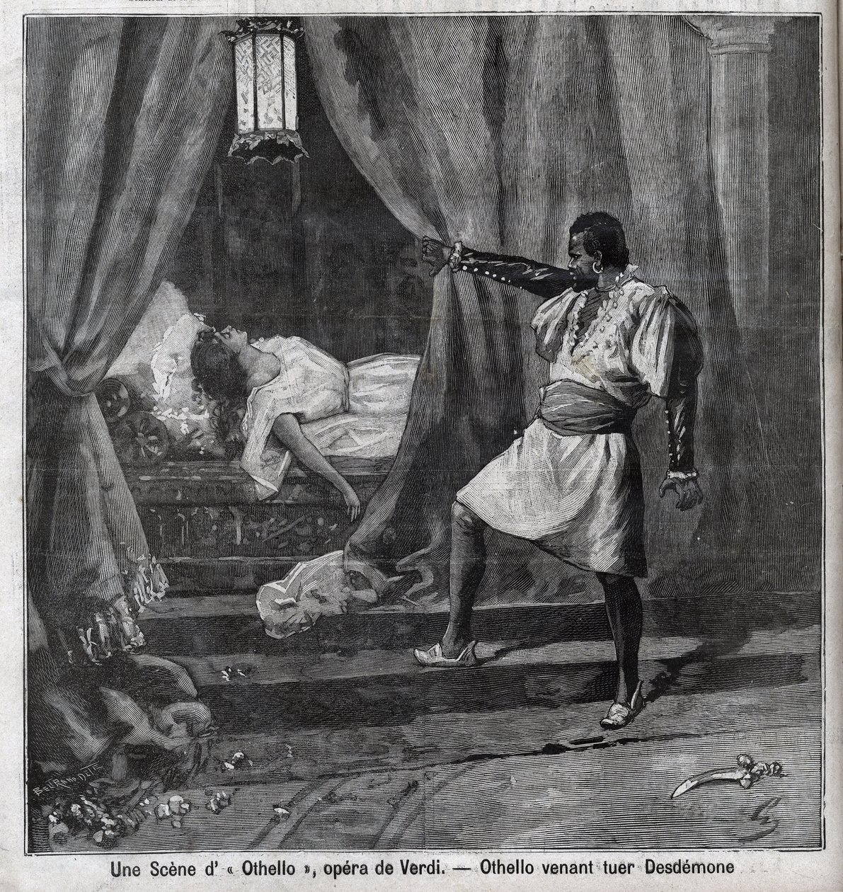 Otelo acaba de matar a Desdémona en su cama. Escena de la ópera “Otelo” de Giuseppe Verdi (1813-1901). Grabado en “Le Parisien” de Unknown artist