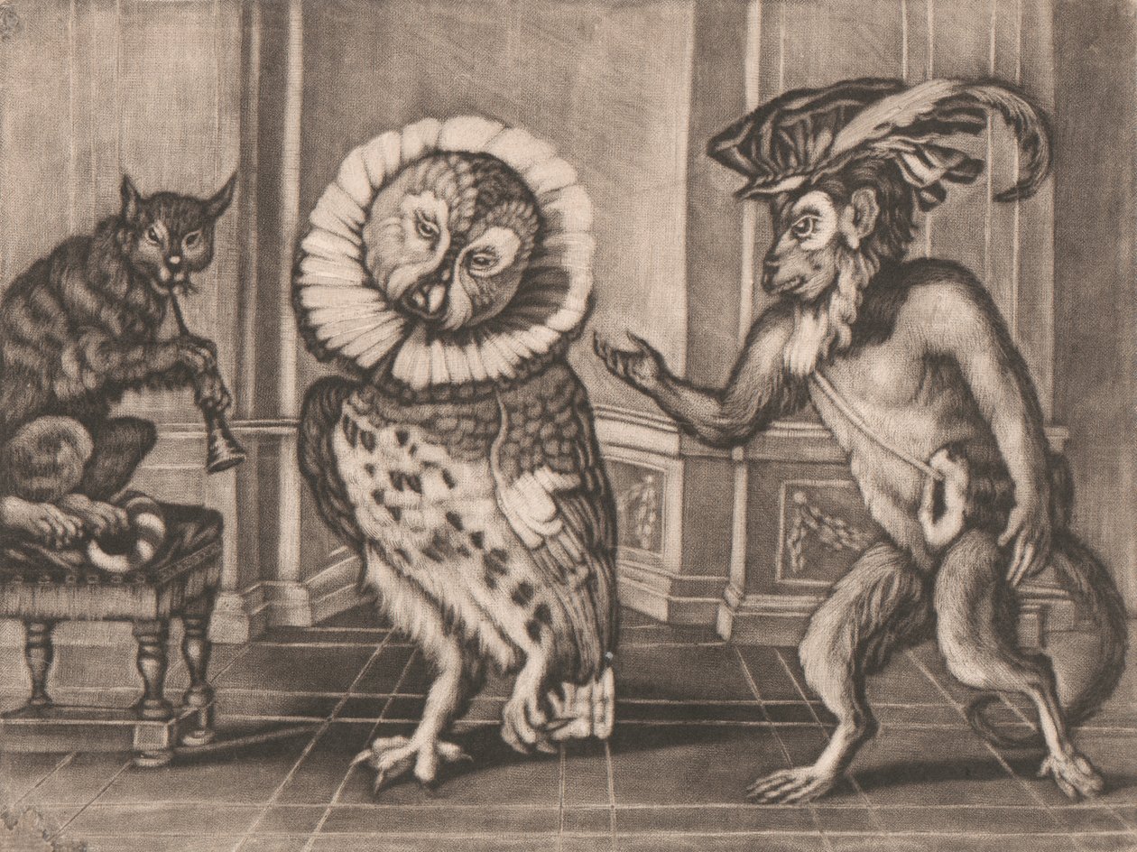Búho, mono y gato de Mezzotintoes de Smith, Vol. III de Unknown artist
