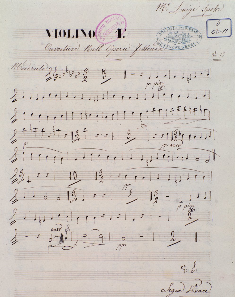 Página de partitura para el primer violín en la obertura de la ópera Jessonda de Louis Spohr de Unknown artist