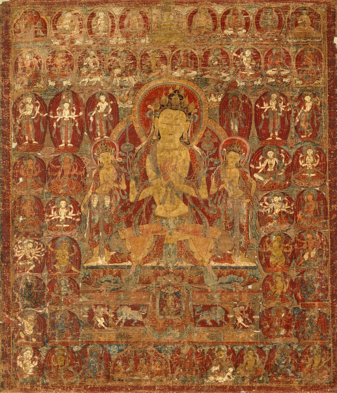 Estandarte pintado (Thangka) del Bodhisattva Manjushri con Vajrapani (derecha) y Padmapani (izquierda) de Unknown artist