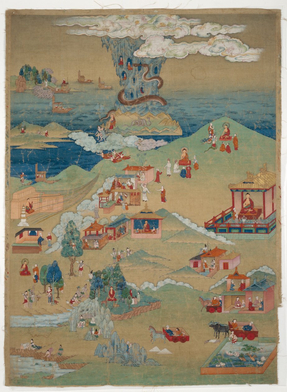 Estandarte pintado (Thangka) de cinco cuentos morales del Avadana Kalpalata Jataka de Unknown artist