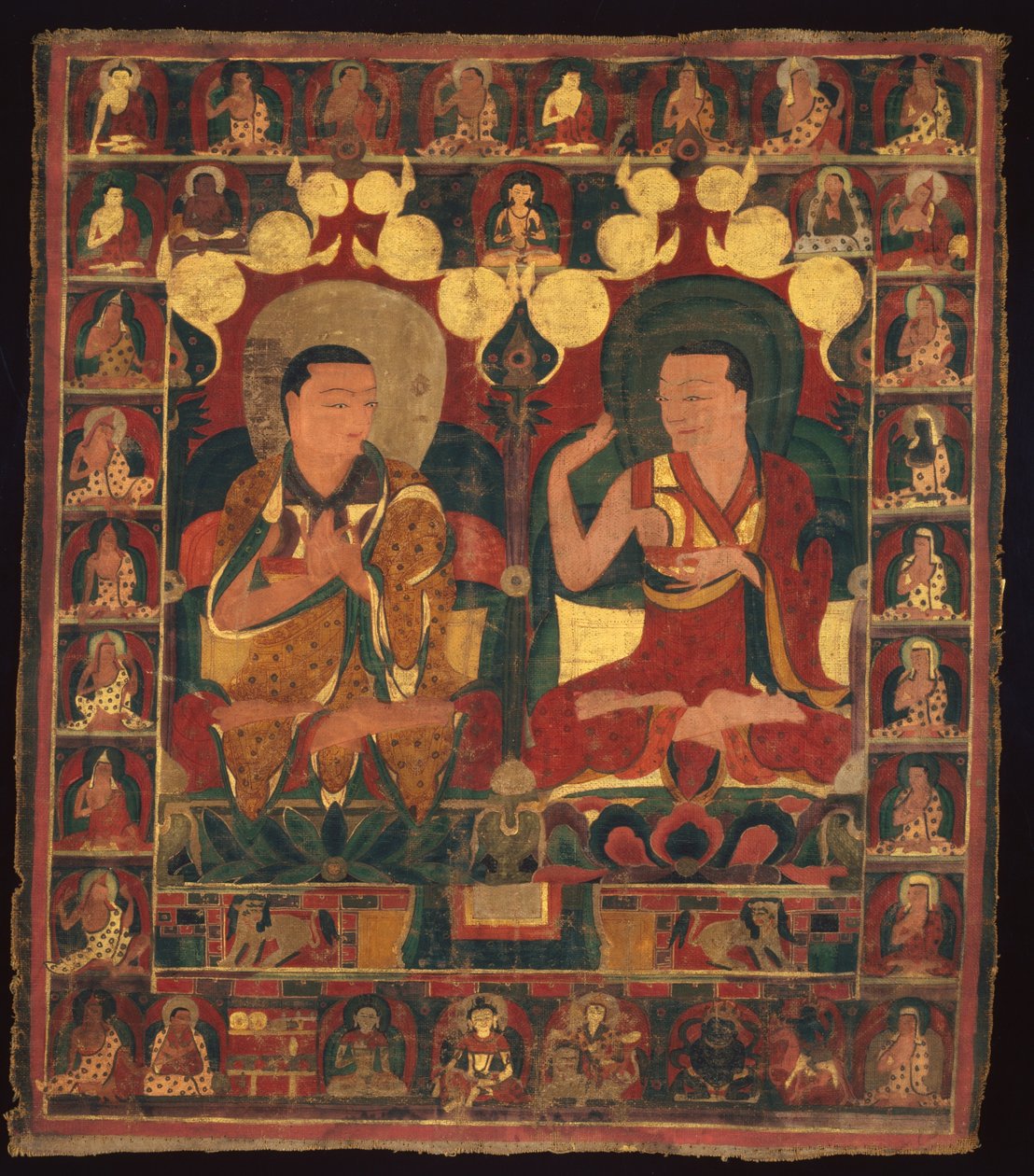 Estandarte pintado (Thangka) de la pintura del linaje de dos lamas en debate de Unknown artist