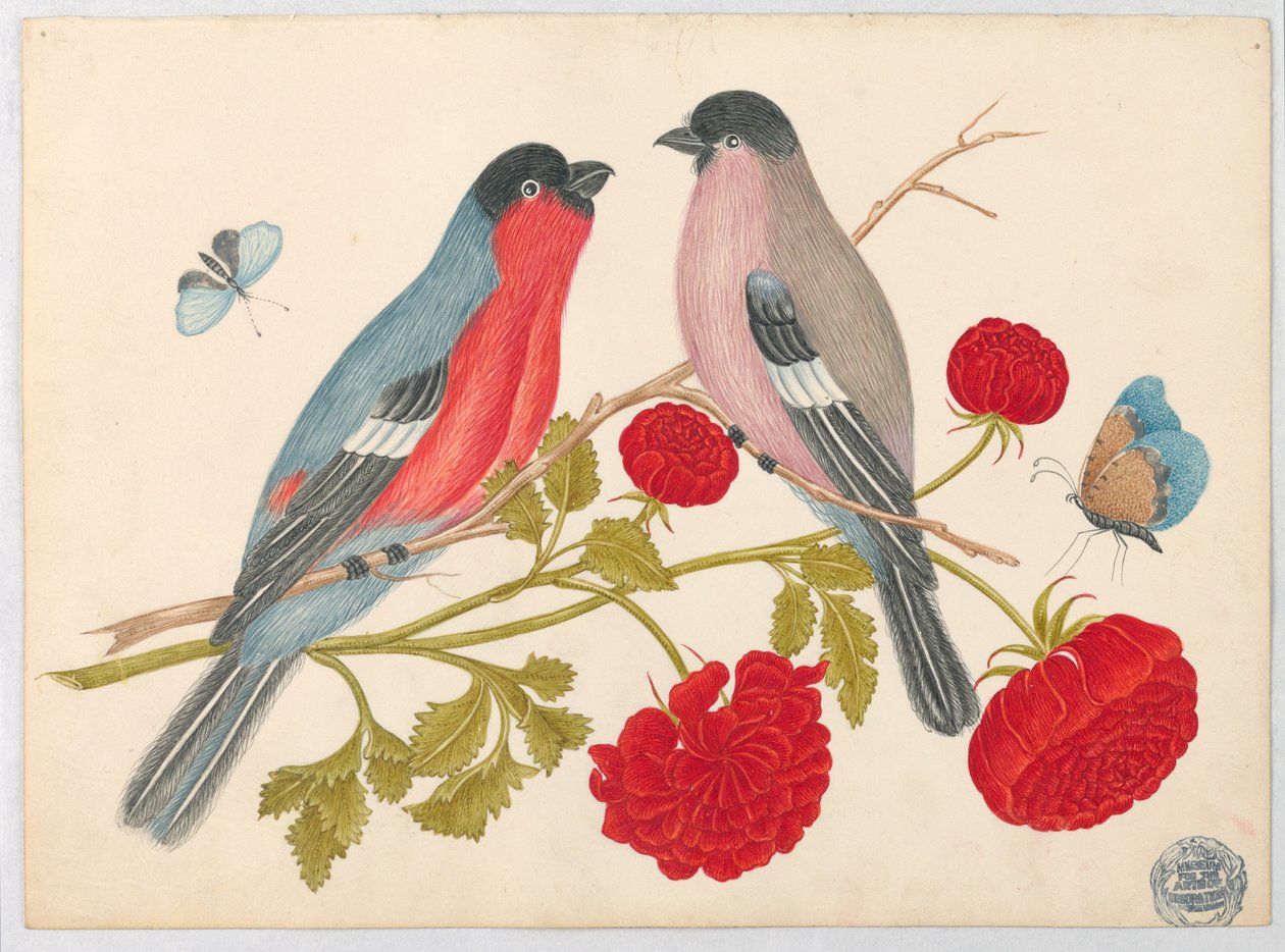 Pareja de Pájaros en Rama con Rosas y Mariposas de Unknown artist