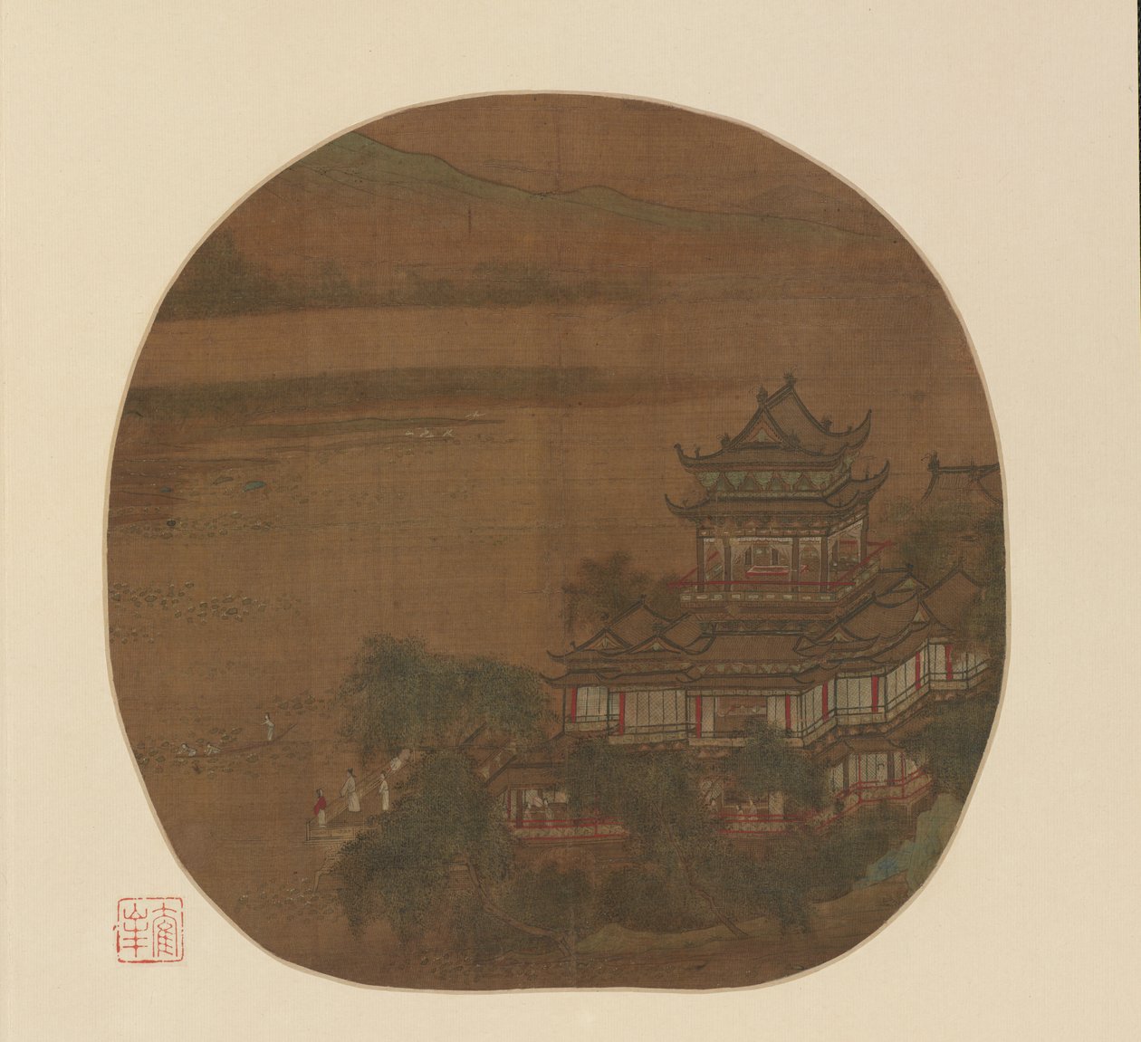 Palacio junto a un lago y colinas distantes de Unknown artist