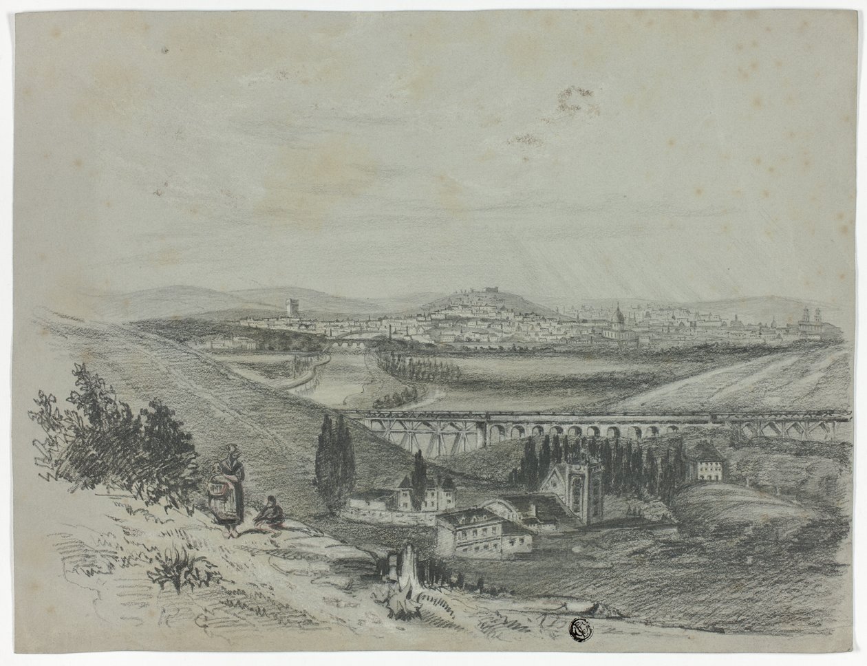 Vista panorámica de un puente ferroviario y de la ciudad de Unknown artist