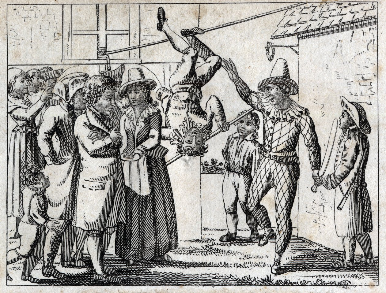 Fiesta en el pueblo: juegos y disfraces. Grabado finales del siglo XVIII. Colección privada. de Unknown artist