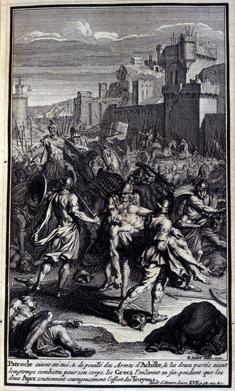 Patroclo, habiendo sido asesinado y despojado de las armas de Aquiles, y las dos partes habiendo luchado durante mucho tiempo por su cuerpo, los griegos finalmente lo llevaron mientras los dos Ayax sostenían valientemente el esfuerzo de los troyanos; Ilust de Unknown artist