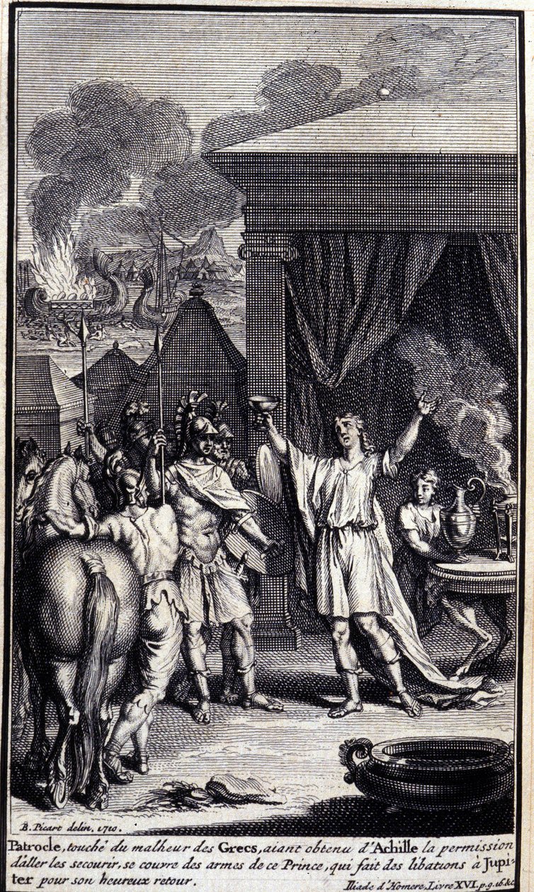 Patroclo, tocado por la desgracia de los griegos, habiendo obtenido permiso de Aquiles para ir a rescatarlos, se cubre con las armas de este príncipe, quien hace libaciones a Júpiter por su feliz regreso. Ilustración del libro XVI de la Ilíada de Homero. de Unknown artist