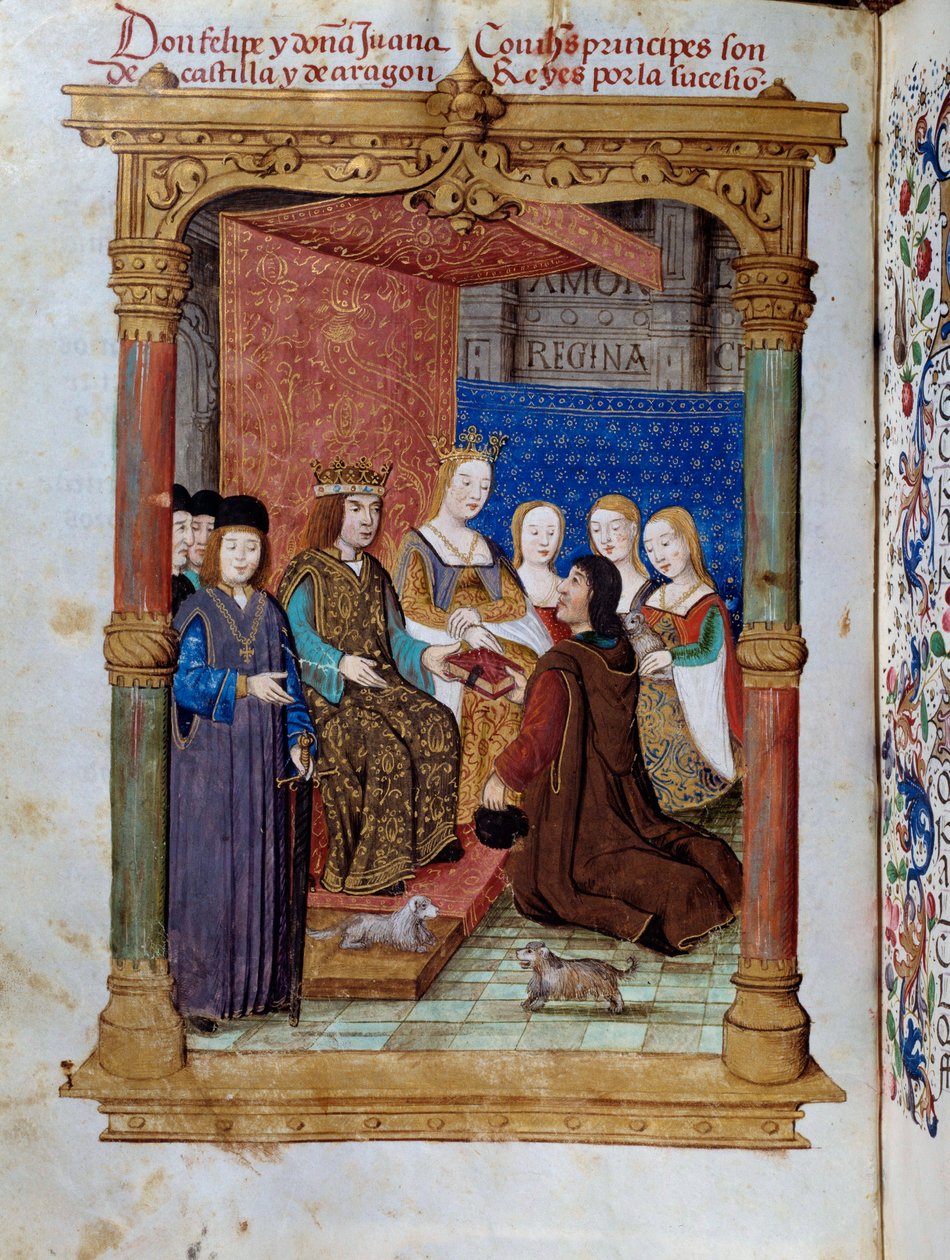 Pedro Marcuello presentando su libro al rey Felipe I de Habsburgo y la reina Juana I de Castilla de Unknown artist