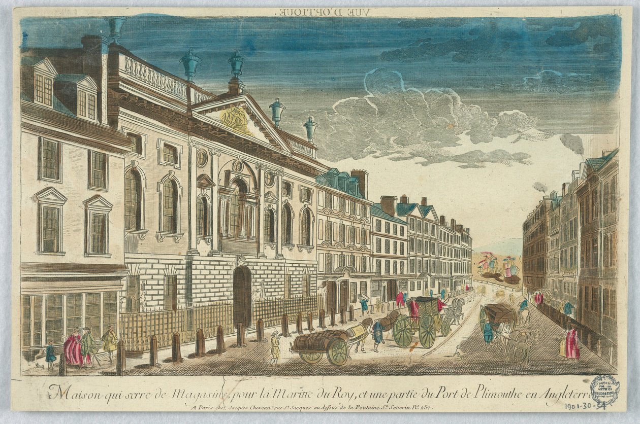 Peep-show, Maison Quiserie de Magasins, para la Marina del Rey, y una parte del Puerto de Plimouthe en Inglaterra de Unknown artist