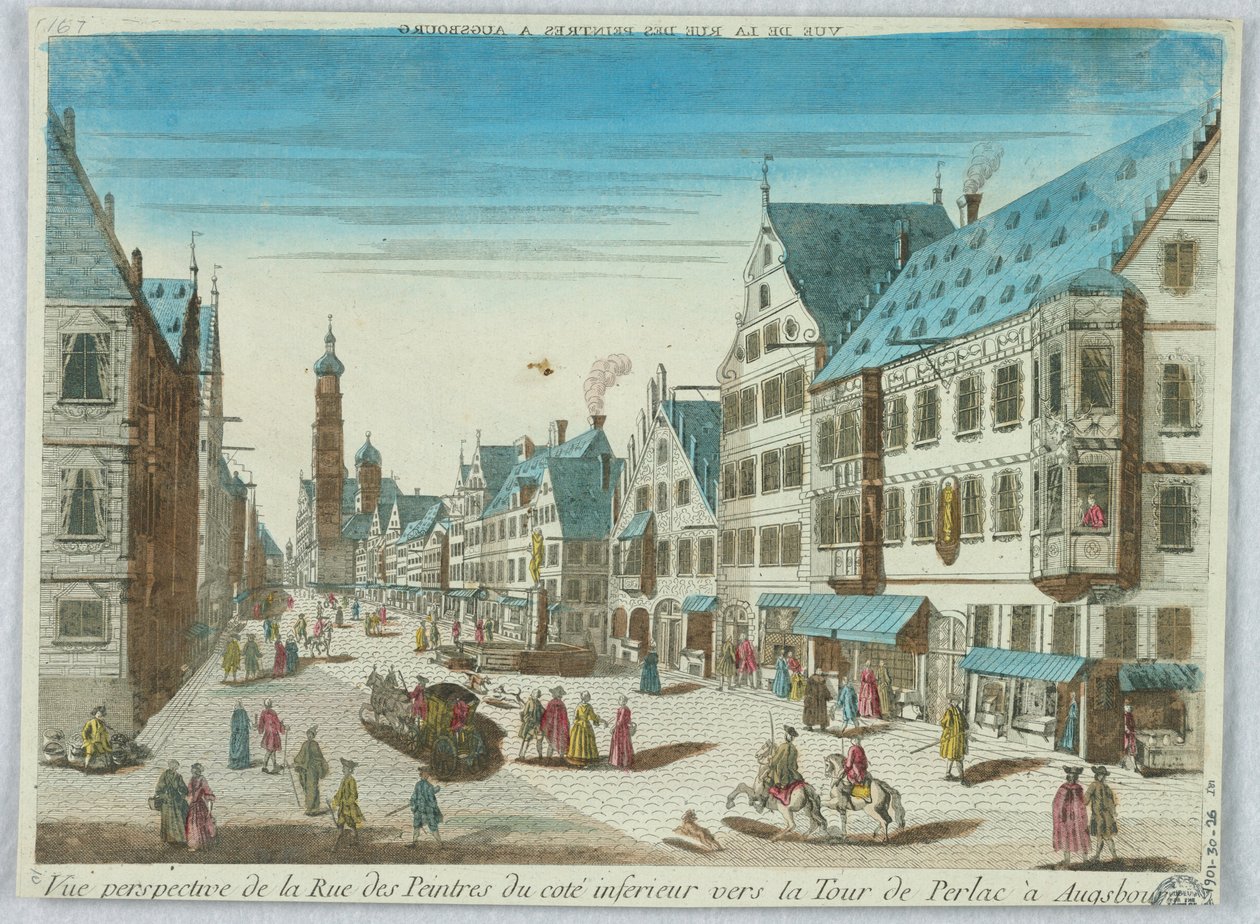 Vista en perspectiva de la Rue des Peintres hacia la Torre de Perlac en Augsburgo de Unknown artist