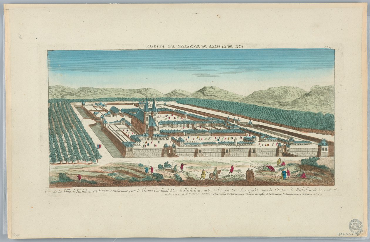 Vista de la ciudad de Richelieu en Poitou construida por el Gran Cardenal Duque de Richelieu, al final de los parterres de Sougid y el magnífico castillo de Richelieu de la Conduite, No. 147 de Unknown artist