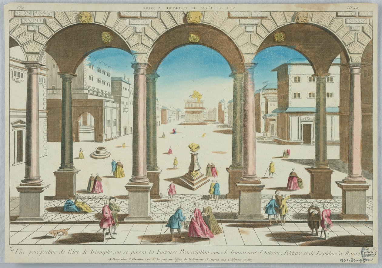 Vista perspectiva del Arco de Triunfo, donde ocurrió la furiosa proscripción bajo el triunvirato de Antonio, Octavio y Lépido en Roma, No. 45 de Unknown artist