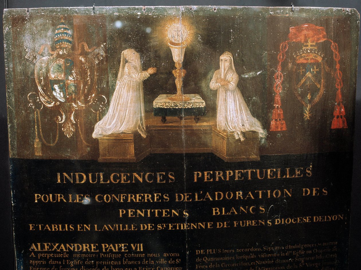 Indulgencia perpetua concedida por el Papa Alejandro VII a los miembros de la Cofradía de los Penitentes Blancos de la ciudad de San Esteban alrededor de 1668. Pintura sobre madera de Unknown artist