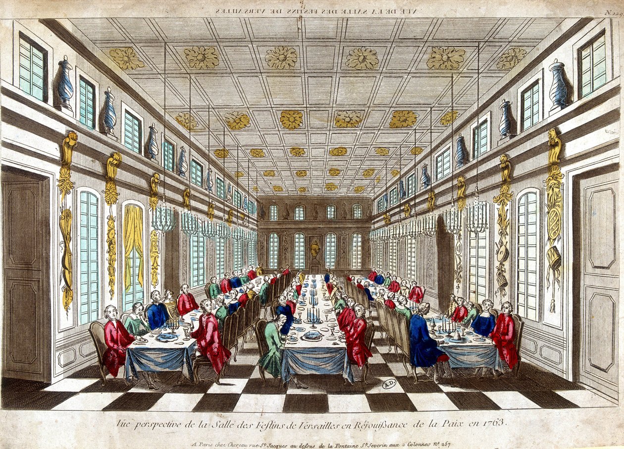 Vista en perspectiva de la Salle des Festins de Versalles en celebración de la paz en 1763 entre Gran Bretaña, Francia y España de Unknown artist
