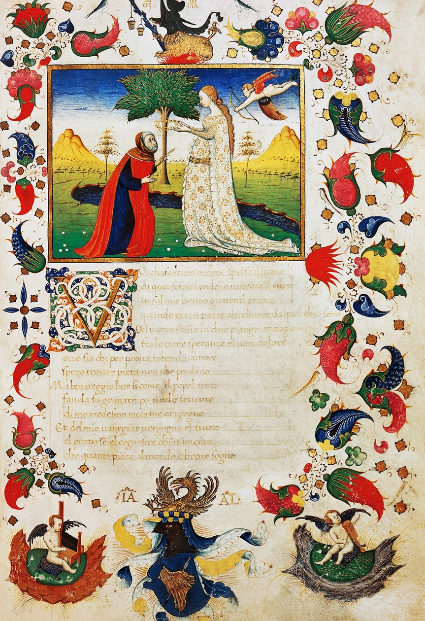 Petrarca herido por la flecha de Cupido y con corona de laurel, introducción al soneto Tú que escuchas el sonido, en rimas dispersas, de Trionfi por Francesco Petrarca (1304-1374), página iluminada de manuscrito del siglo XV de Unknown artist