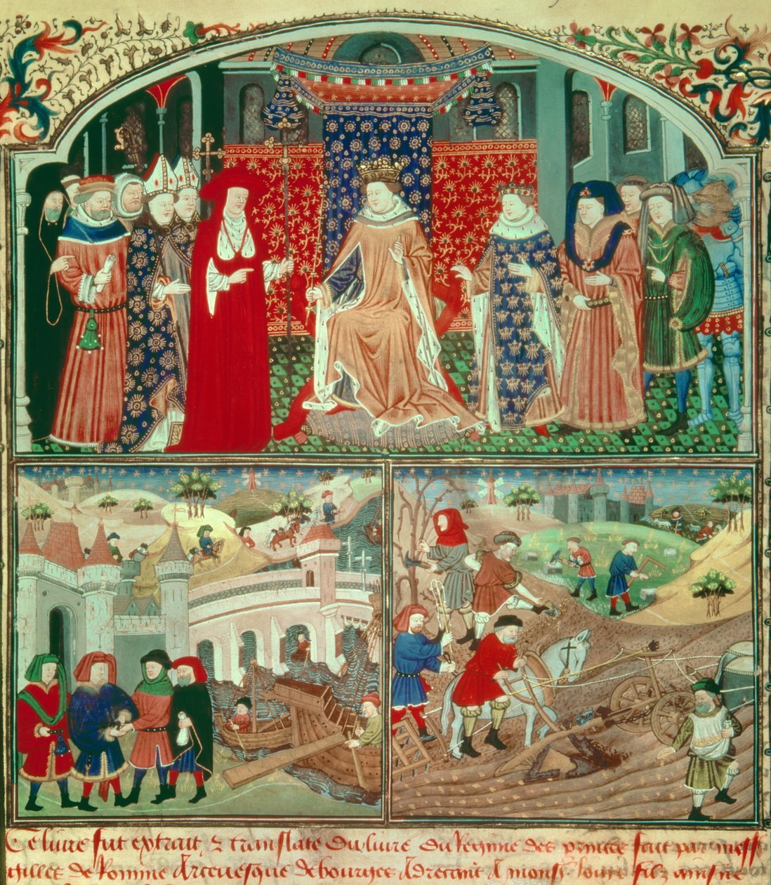 Felipe el Hermoso con escena de arado y escena de mercader. Miniatura en Libro del régimen de los príncipes de Gilles de Roma de Unknown artist