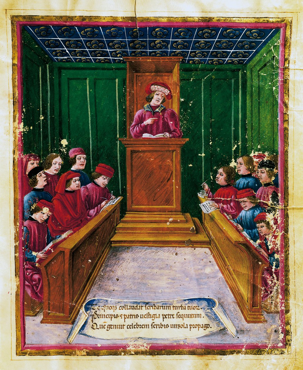 Pietro da Unzola dando una conferencia de derecho a alumnos en la Universidad de Bolonia, miniatura de Liber iurium et privilegiorum notariorum Bononiae, Italia de Unknown artist