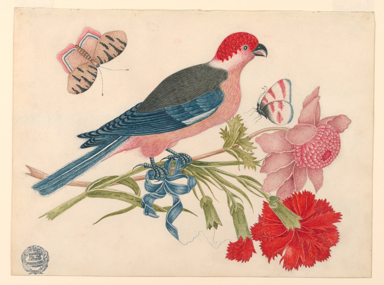Pájaro rosa, rojo, azul y negro en rama con flores y mariposas de Unknown artist
