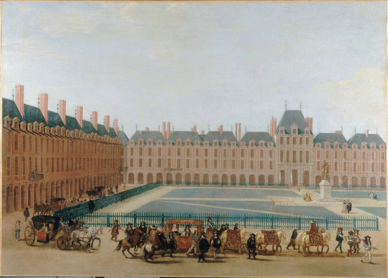 Place Royale, hacia 1660; paso del carruaje del Rey. Plaza de los Vosgos actual, distrito 4, hacia 1655 -1665 (óleo sobre lienzo) de Unknown artist
