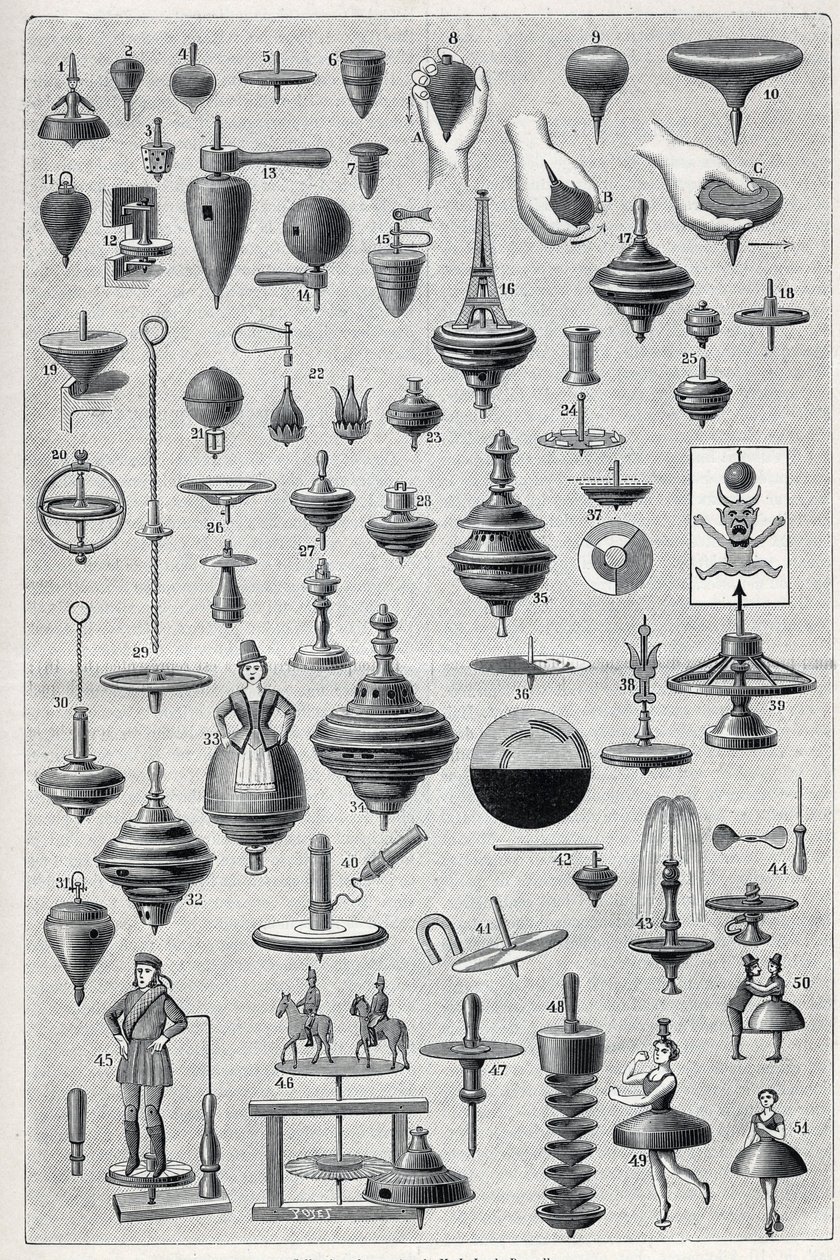 Placa que muestra una colección de hilanderos con diferentes formas y sistemas de rotación. de Unknown artist