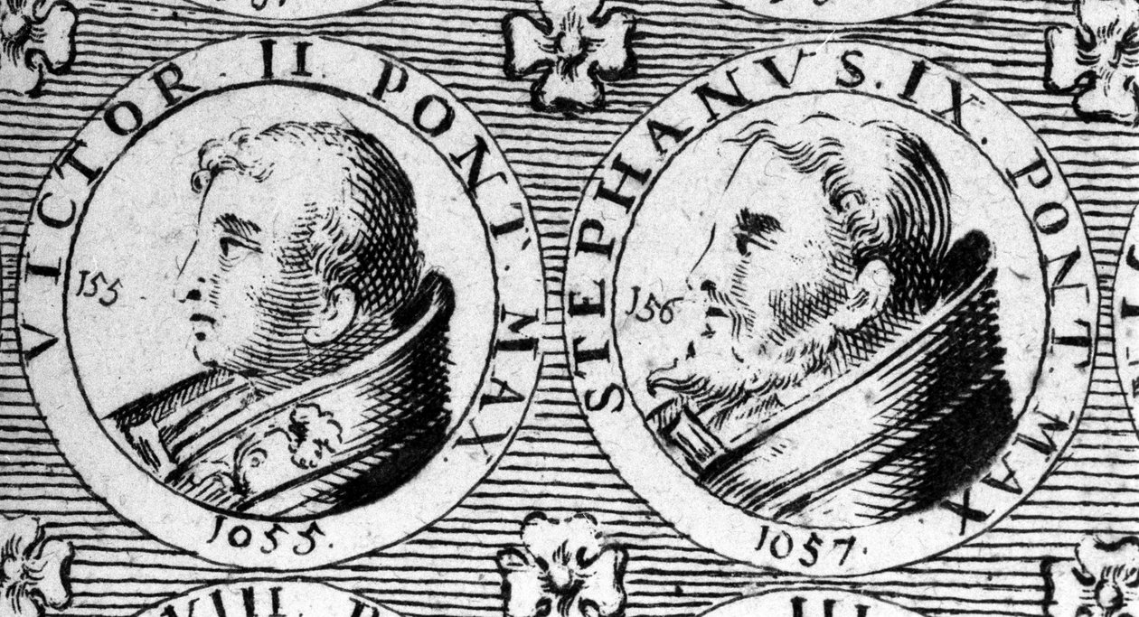 Papás Víctor II (o Víctor 2 muerto en 1057) y Esteban IX (o Esteban 9 muerto en 1058). Grabado del siglo XVIII de Unknown artist