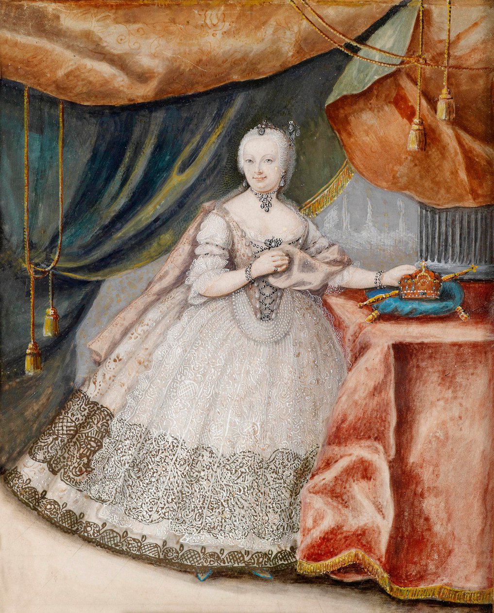 Retrato de la emperatriz María Teresa de Austria (1717-1780) con un vestido largo de encaje. Obra anónima, acuarela sobre pergamino, hacia 1740. Arte austriaco de Unknown artist