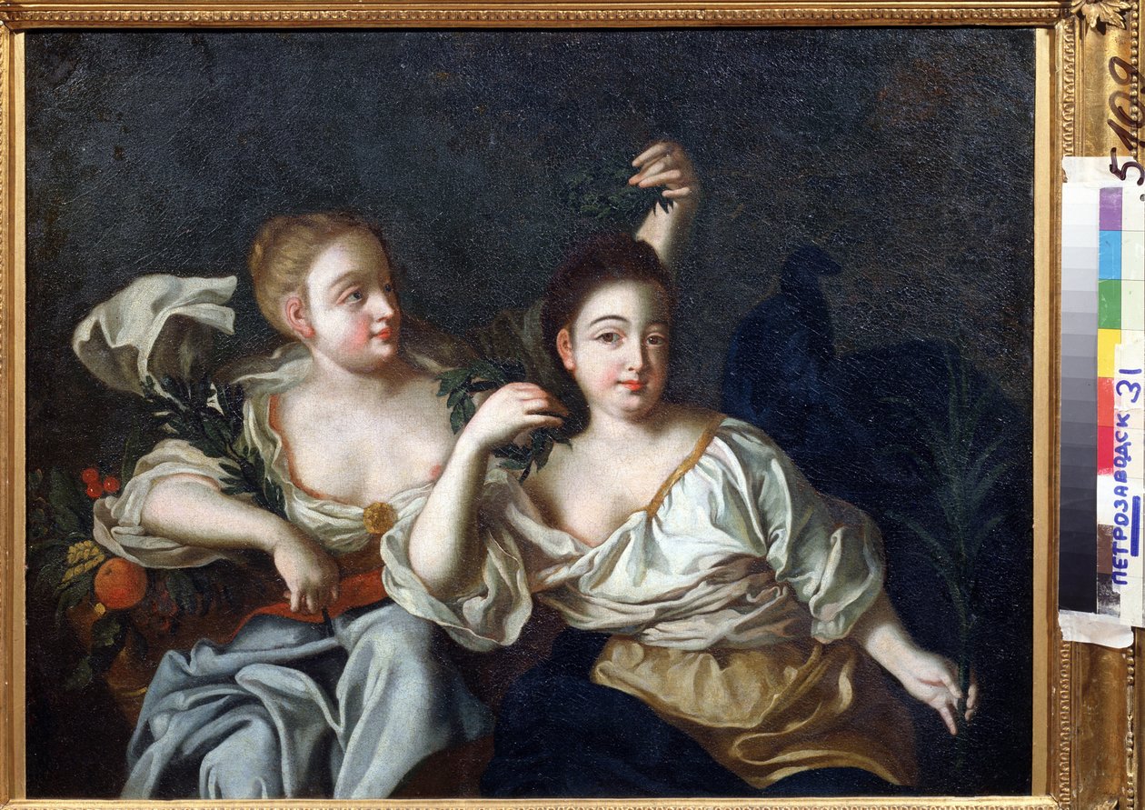 Retrato de las hijas del emperador Pedro el Grande (Retrato de las hijas de Pedro el Grande). Pintura anónima. Óleo sobre lienzo, 69 x 84 cm, principios del siglo XVIII. Museo Estatal de Arte de la República de Karelia, Petrosavodsk (República de Karelia). de Unknown artist