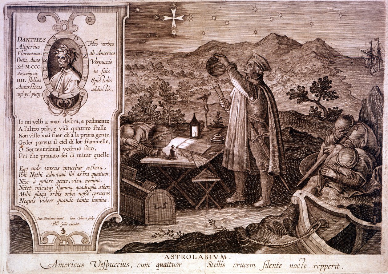 Retrato de Américo Vespucio (1454 - 1512), navegante italiano, representado mientras usa un astrolabio. En un recuadro a la izquierda hay un retrato de Dante Alighieri así como un pasaje del primer canto del Purgatorio de la Divina Comedia. Grabado del sig de Unknown artist